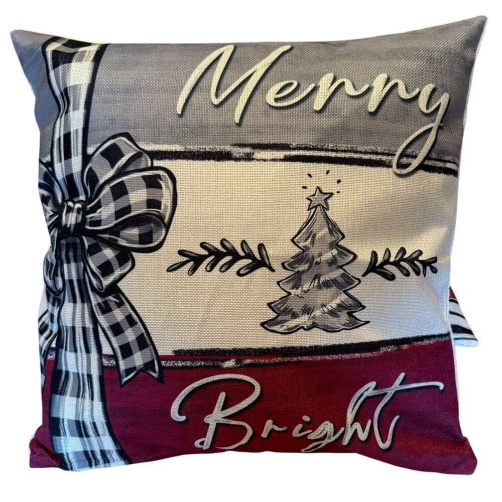 Holiday Pillow Cover - Merry Bright - 17in x 17in Christmas Throw Pillow Cover